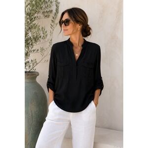 James Perse Utility Blouse Black Size 1 (S) Half Placket Quiet Luxury Minimalist